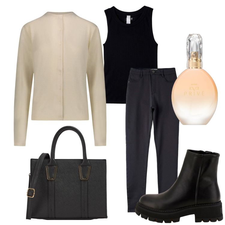 Outfit donna - Total look #1800810. Stile Basic per Tutti i giorni. Abbinamento con profumi, shopping bag, pantaloni skinny, top, stivaletti, cardigans.