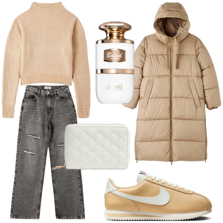 Outfit donna - Total look #1800813. Stile Urban per Tutti i giorni. Abbinamento con profumi, maglieria, jeans strappati, piumini, portafogli, sneakers.
