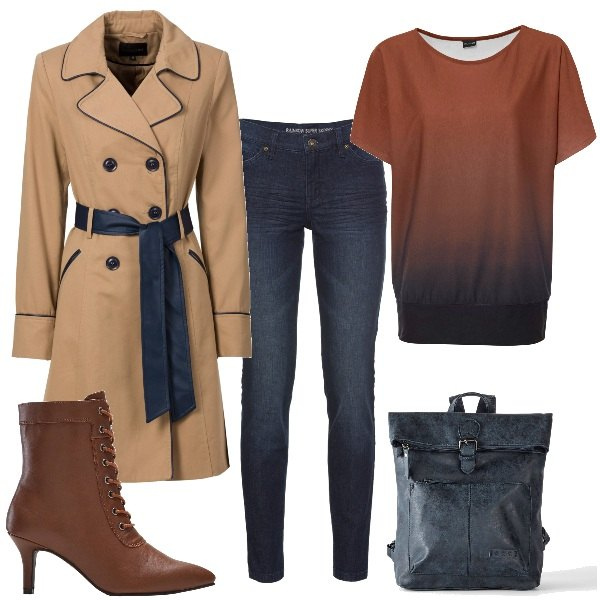 Outfit donna - Total look #1800825. Stile Casual chic per Serata fuori. Abbinamento con jeans skinny, trench, maglieria, zaini, stivaletti.