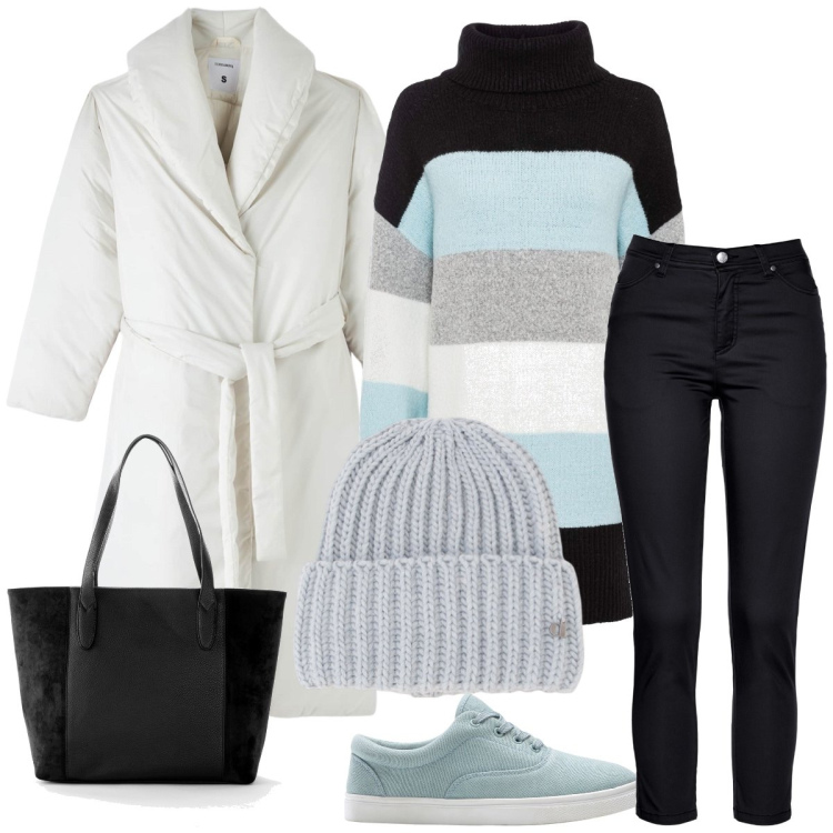 Outfit donna - Università. Stile Casual per Scuola/Università. Abbinamento con shopping bag, pantaloni, maglieria, sneakers alte, piumini, berretti.