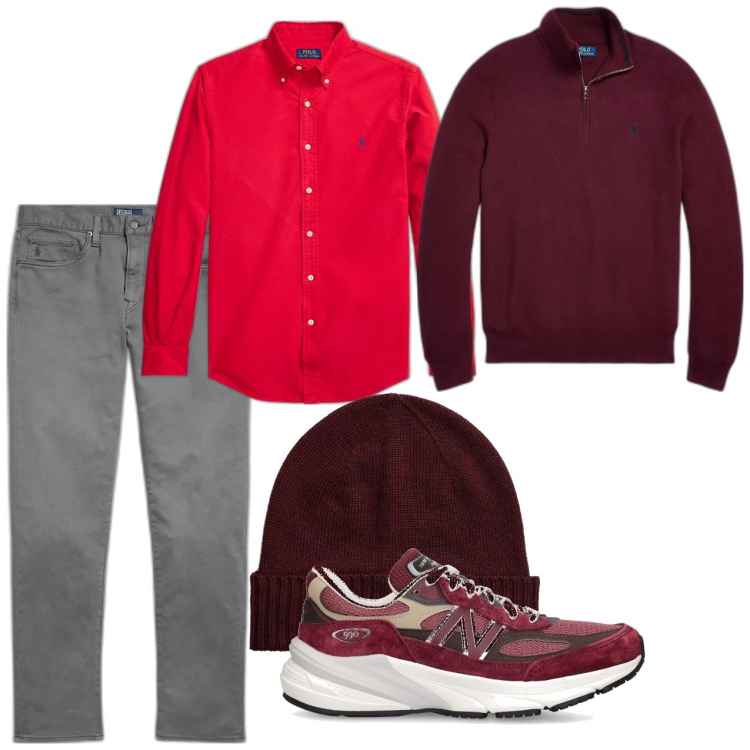 Outfit uomo - Tocchi rossi. Stile Casual per Tutti i giorni. Abbinamento con berretti, pantaloni chino, maglieria, camicie, sneakers alte.