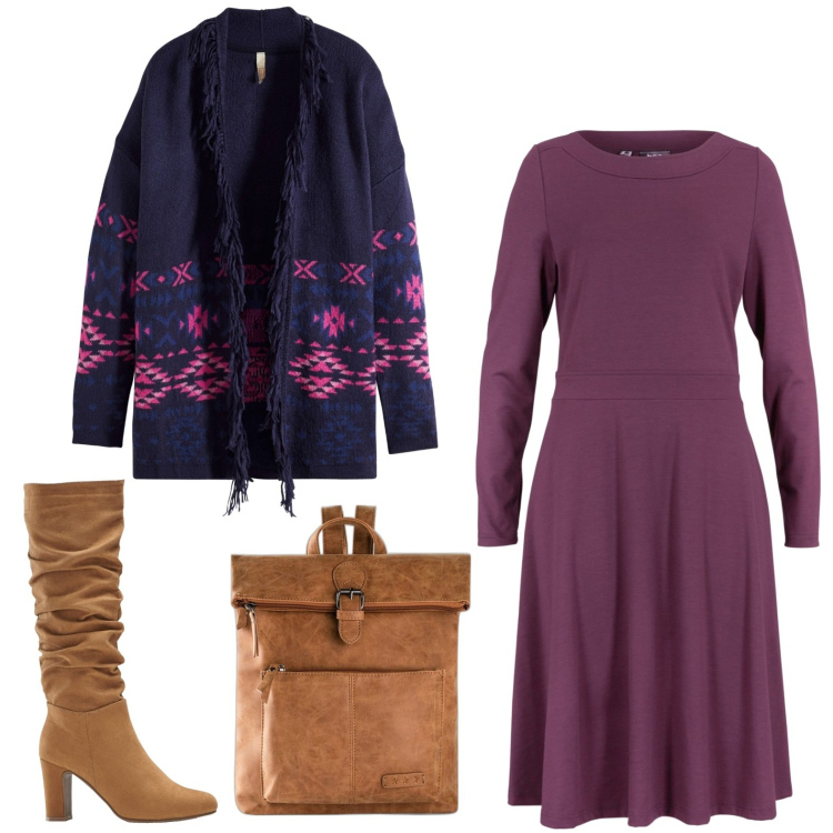 Outfit donna - Total look #1800872. Stile Casual per Serata fuori. Abbinamento con zaini, vestiti midi/longuette, cardigans, stivali.