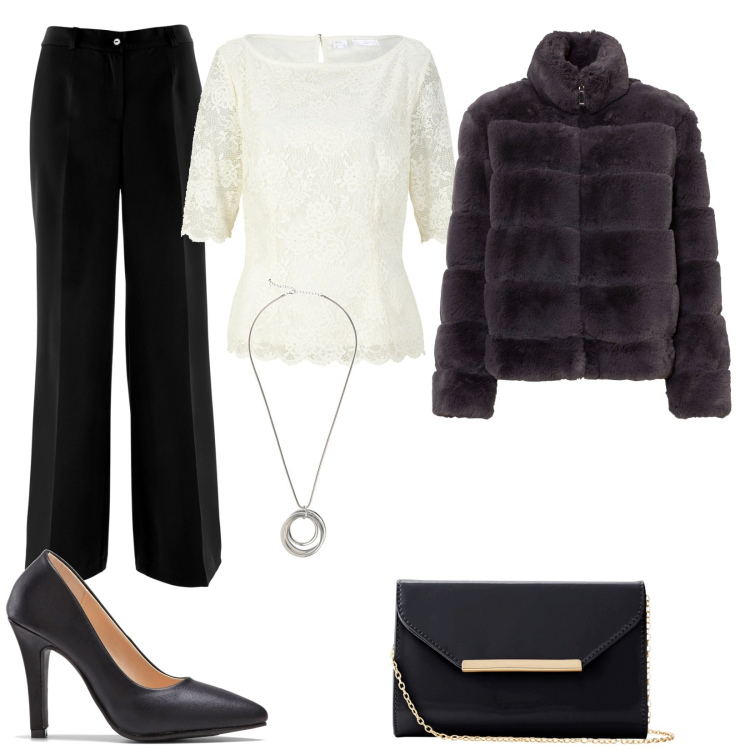 Outfit donna - A cena fuori. Stile Chic per Serata fuori. Abbinamento con pantaloni, bluse, ecopellicce, décolleté, pochette, collane.