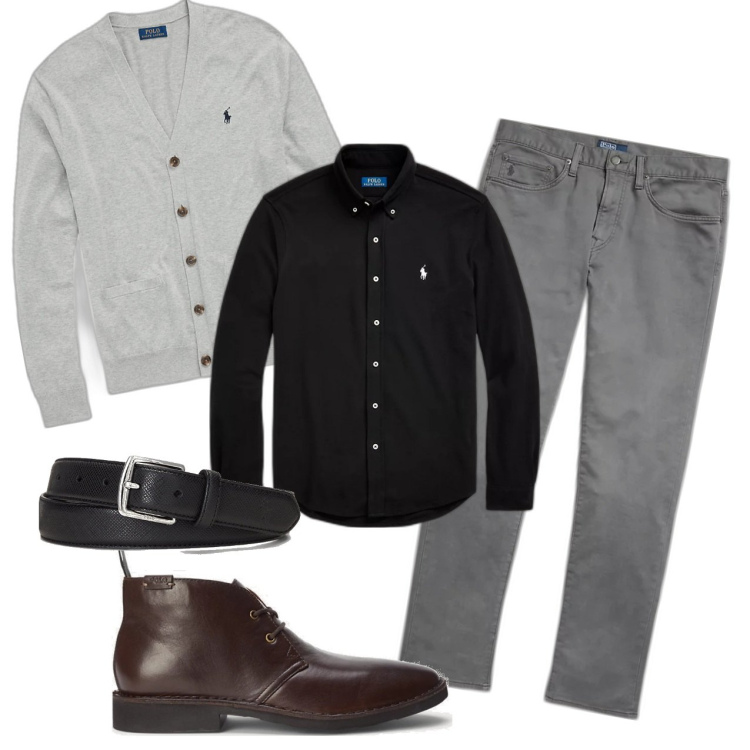 Outfit uomo - Eleganza casual. Stile Casual per Serata speciale. Abbinamento con camicie, cinture, stivali e stivaletti, pantaloni chino, cardigans.