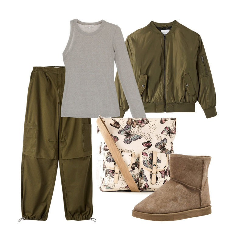 Outfit donna - Ghost outfitter - gennaio. Stile Casual per Tutti i giorni. Abbinamento con borse a tracolla, bomber, pantaloni cargo, stivaletti, maglieria.