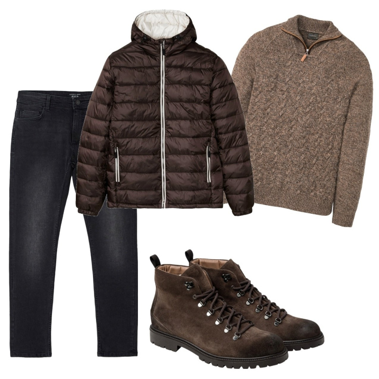 Outfit uomo - Caffè. Stile Casual per Tutti i giorni. Abbinamento con maglieria, giacche, jeans skinny, stivali e stivaletti.