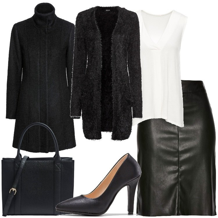 Outfit donna - Chic per l\'aperitivo dopo l\'ufficio. Stile Chic per Serata fuori. Abbinamento con cardigans, gonne longuette, top, cappotti, décolleté, shopping bag.