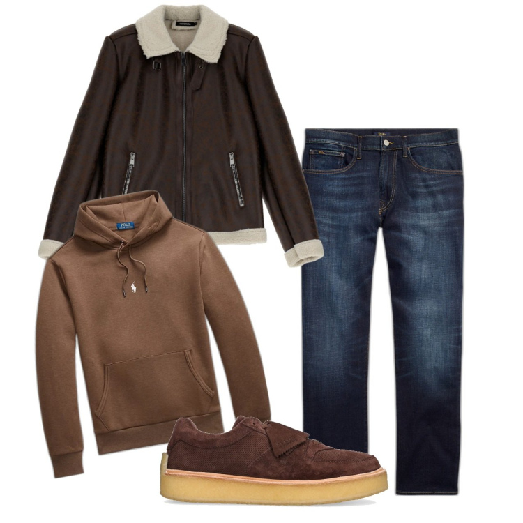 Outfit uomo - Jeans e montone. Stile Casual per Tutti i giorni. Abbinamento con cappotti, jeans dritti, felpe con cappuccio, sneakers.