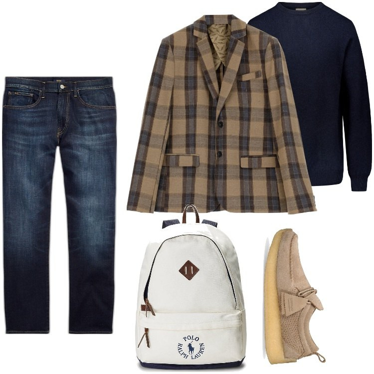 Outfit uomo - Total look #1800932. Stile Casual per Tutti i giorni. Abbinamento con cappotti, jeans dritti, borse sportive, maglieria, scarpe stringate.