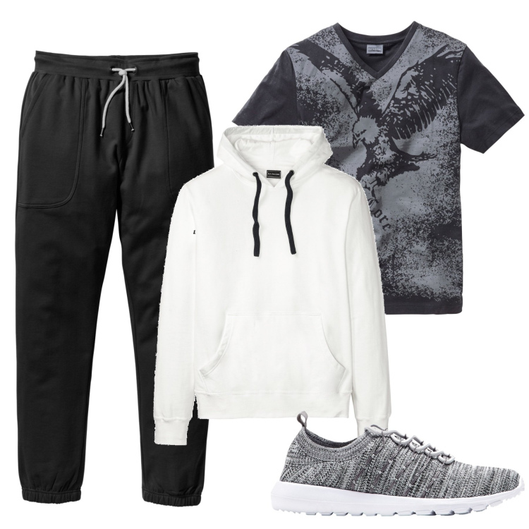 Outfit uomo - Comodamente a casa. Stile Trendy per Tutti i giorni. Abbinamento con pantaloni sportivi, felpe con cappuccio, t-shirt, sneakers.