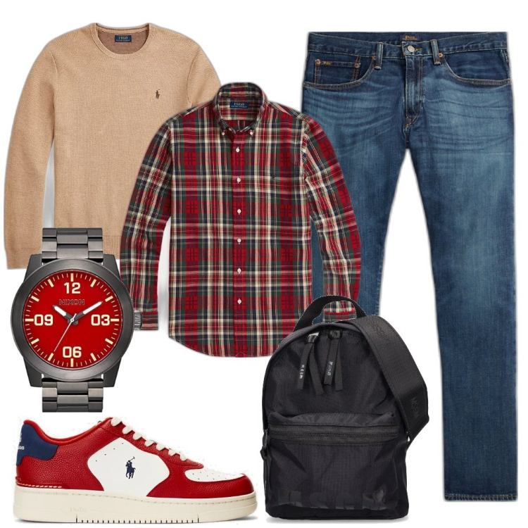 Outfit uomo - Scuola scozzese. Stile Urban per Tutti i giorni. Abbinamento con jeans dritti, maglieria, camicie, sneakers, orologi, borse sportive.
