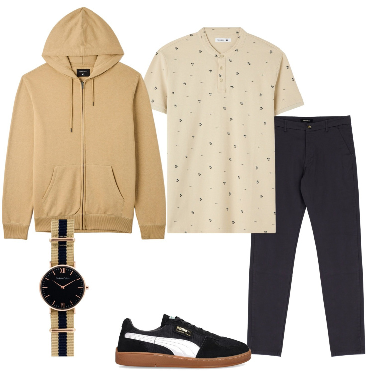 Outfit uomo - In classe. Stile Casual per Tutti i giorni. Abbinamento con t-shirt, felpe con cappuccio, pantaloni, orologi, sneakers.