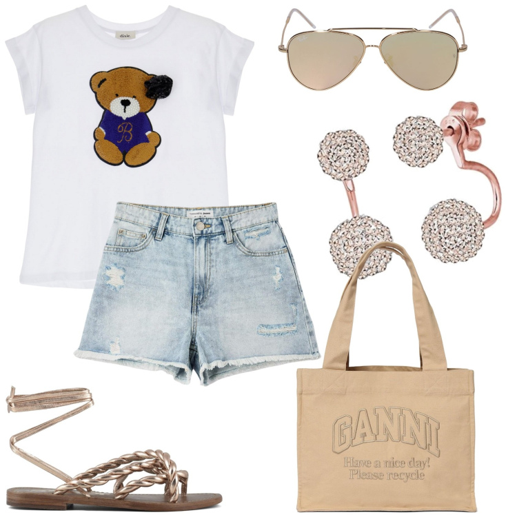 Outfit donna - Un pomeriggio in città di mare. Stile Casual per Tutti i giorni. Abbinamento con shorts, t-shirt, occhiali da sole, sandali, orecchini, shopping bag.