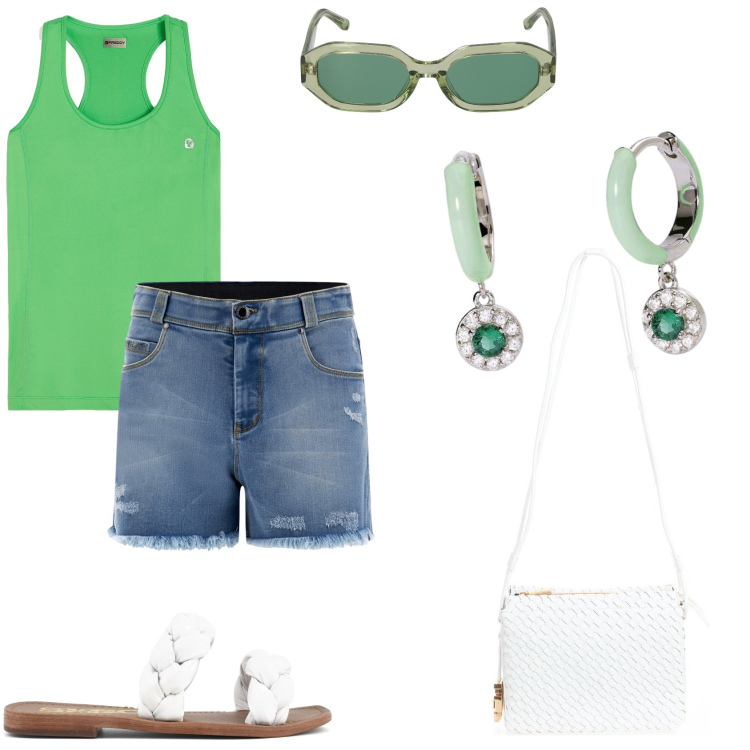 Outfit donna - Aperitivo al bar del mare. Stile Casual per Tutti i giorni. Abbinamento con orecchini, borse a tracolla, shorts, canottiere, ciabatte, occhiali da sole.