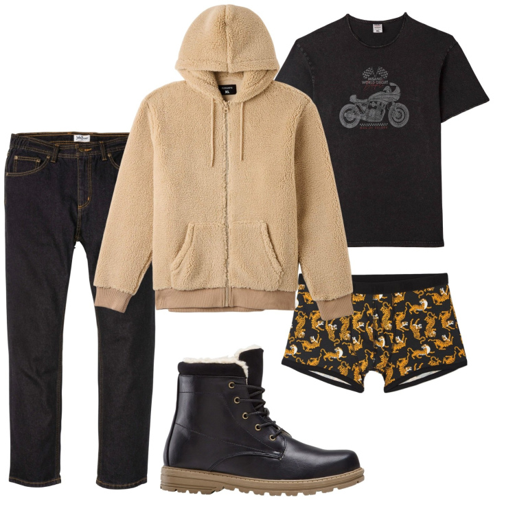 Outfit uomo - Total look #1800966. Stile Urban per Tutti i giorni. Abbinamento con jeans dritti, stivali e stivaletti, felpe con cappuccio, slip, t-shirt.