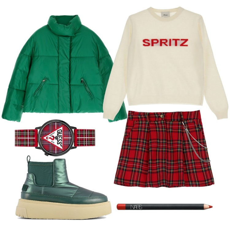 Outfit donna - Teen in Cortina. Stile Sporty chic per Tutti i giorni. Abbinamento con matite labbra, gonne, pullovers, piumini, orologi, stivali sopra il ginocchio.