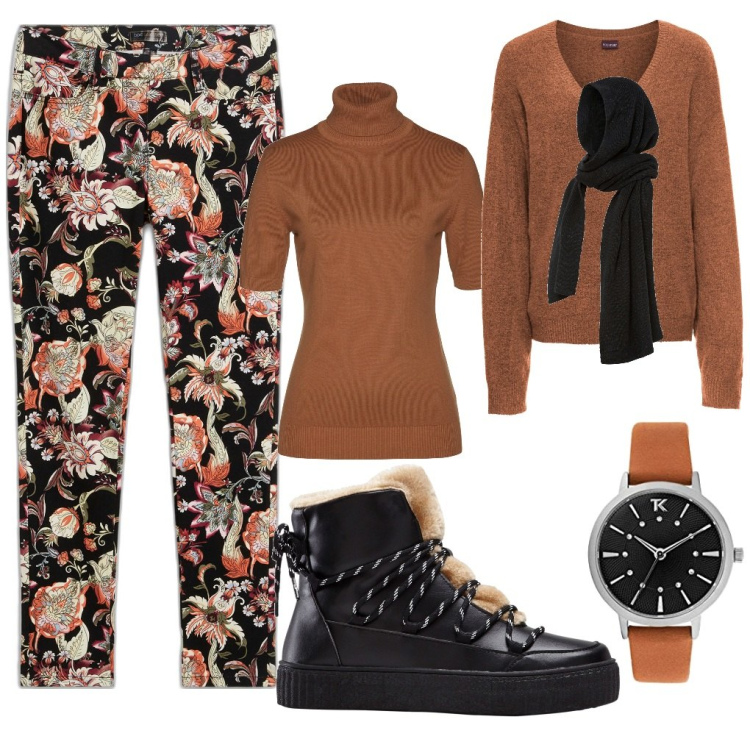 Outfit donna - In ufficio a fiori.. Stile Casual per Tutti i giorni. Abbinamento con maglieria, sciarpe, maglieria, pantaloni, sneakers alte, orologi.