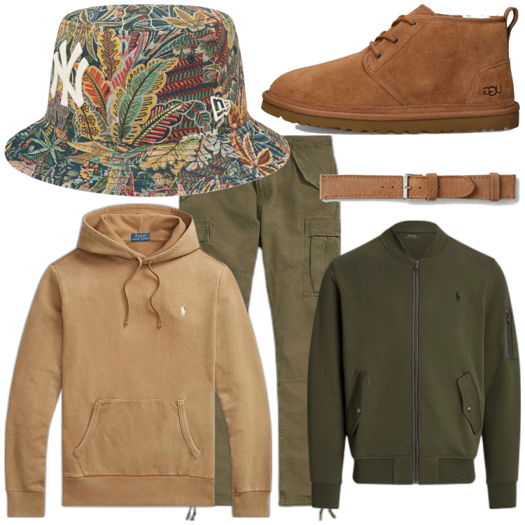 Outfit uomo - Artista epico. Stile Casual per Tutti i giorni. Abbinamento con felpe con cappuccio, bomber, pantaloni cargo, orologi, cappelli, scarpe stringate.