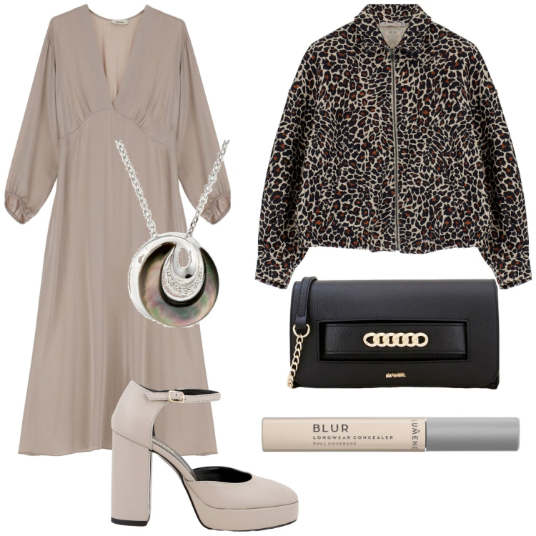 Outfit donna - Total look #1800978. Stile Chic per Cerimonia. Abbinamento con correttori, blazer, pochette, décolleté, vestiti midi/longuette, collane.