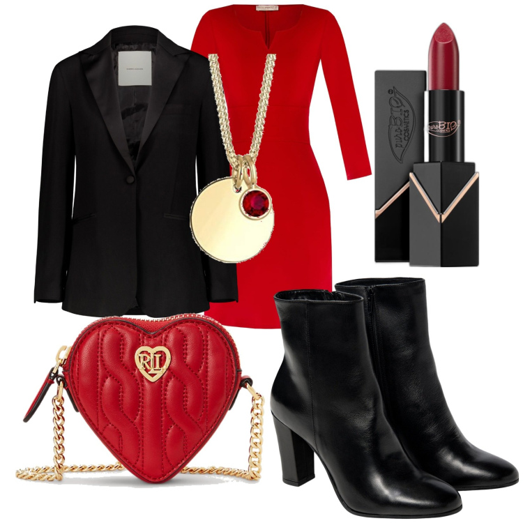 Outfit donna - Mi anticipo su San Valentino. Stile Glamour per Serata fuori. Abbinamento con rossetti, vestiti a tubino, pochette, collane, stivaletti, giacche.