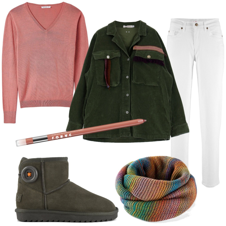 Outfit donna - Total look #1800984. Stile Urban per Tutti i giorni. Abbinamento con jeans mom, foulard, matite labbra, maglieria, blazer, stivali sopra il ginocchio.