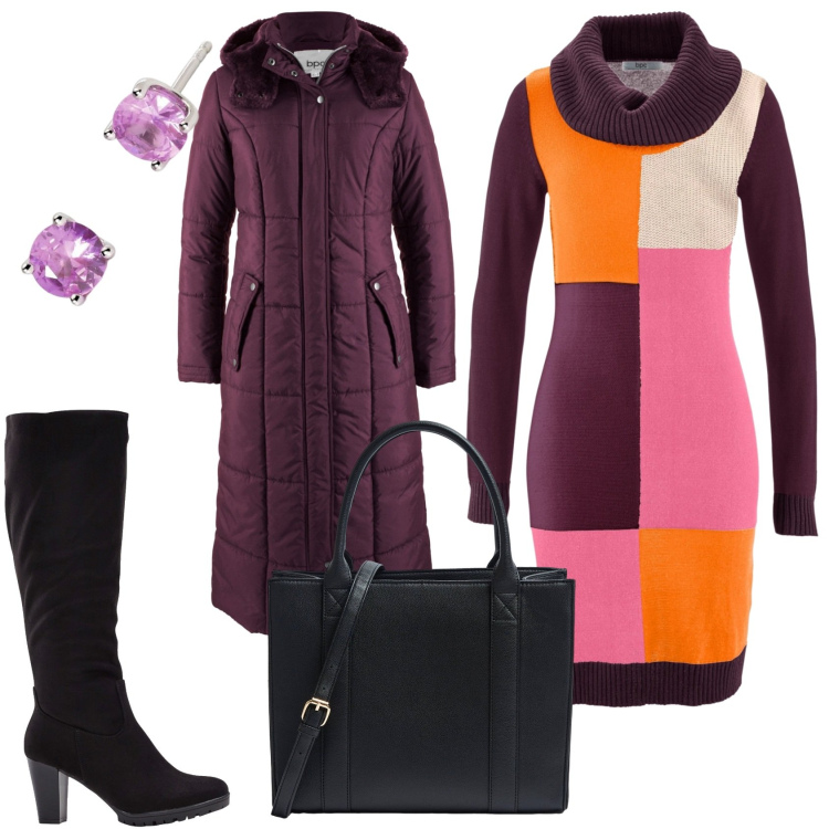 Outfit donna - Inverno allegro. Stile Glamour per Tutti i giorni. Abbinamento con blazer, stivali, vestiti midi/longuette, shopping bag, orecchini.