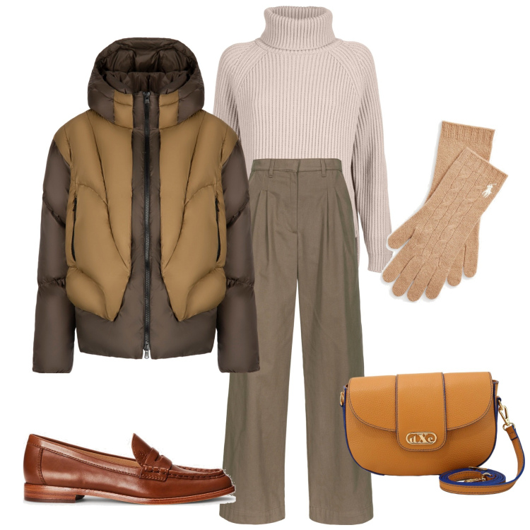 Outfit donna - Total look #1800996. Stile Casual chic per Serata fuori. Abbinamento con pantaloni a palazzo, pochette, mocassini, guanti, piumini, maglieria.
