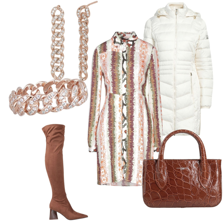 Outfit donna - Charme. Stile Casual chic per Serata fuori. Abbinamento con orecchini, anelli, vestiti corti, piumini, stivali sopra il ginocchio, borse a mano.