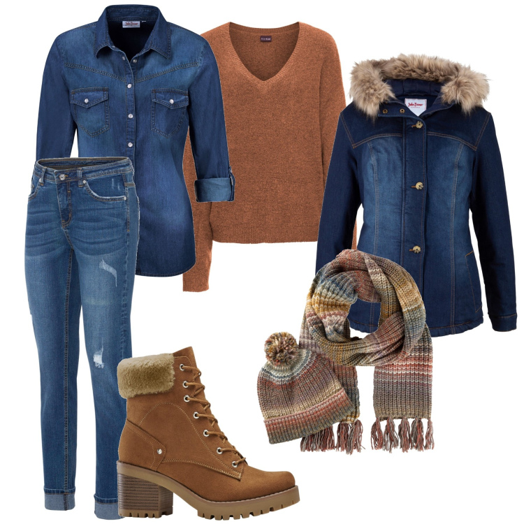 Outfit donna - Jeansmania. Stile Casual per Tutti i giorni. Abbinamento con camicie, stivaletti, cappotti, maglieria, jeans, sciarpe.
