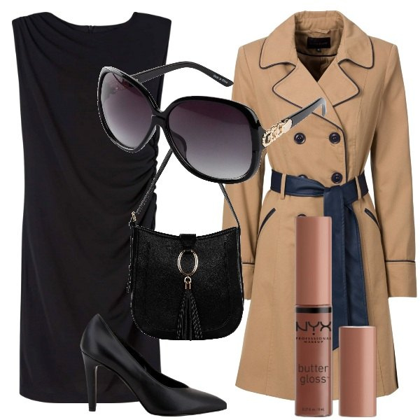 Outfit donna - Colazione da.... Stile Bon Ton per Serata fuori. Abbinamento con trench, occhiali da sole, gloss, vestiti a tubino, borse a spalla, décolleté.
