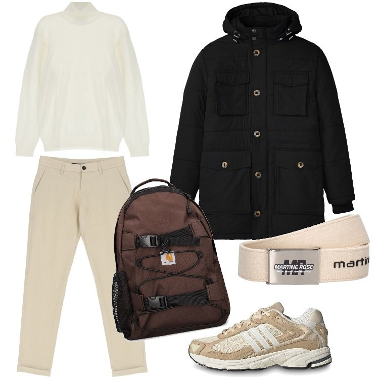 Outfit uomo - Total look #1801043. Stile Casual per Tutti i giorni. Abbinamento con parka, pantaloni, maglieria, cinture, borse sportive, sneakers.