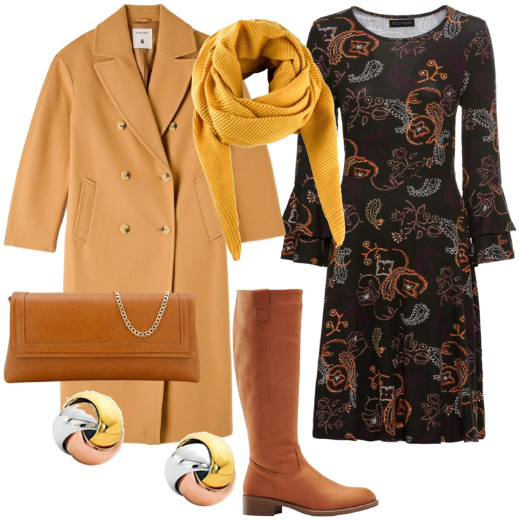Outfit donna - Cappotto doppiopetto. Stile Casual chic per Tutti i giorni. Abbinamento con stivali, foulard, vestiti, cappotti, pochette, orecchini.