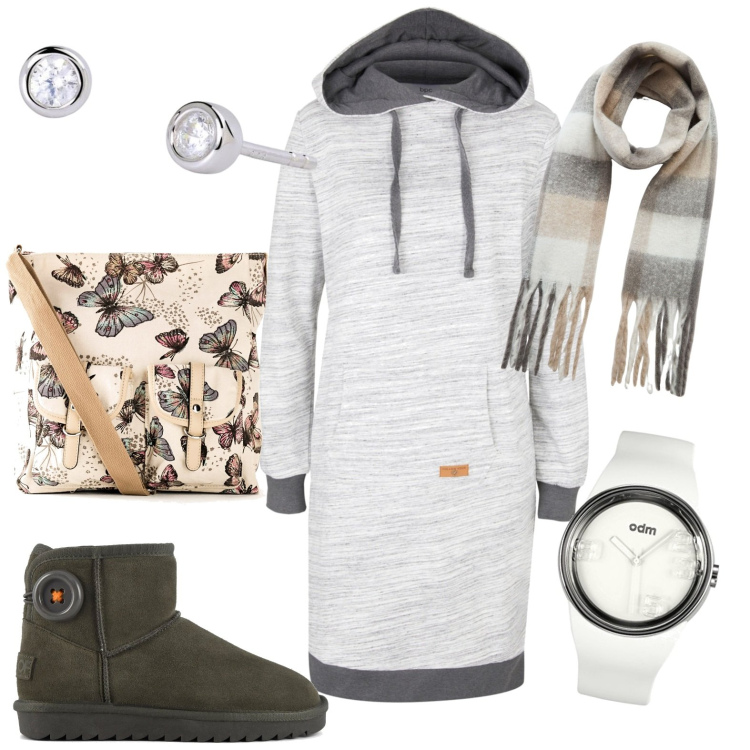 Outfit donna - Sportiva. Stile Casual per Tutti i giorni. Abbinamento con borse a tracolla, vestiti, orecchini, sciarpe, orologi, stivali sopra il ginocchio.