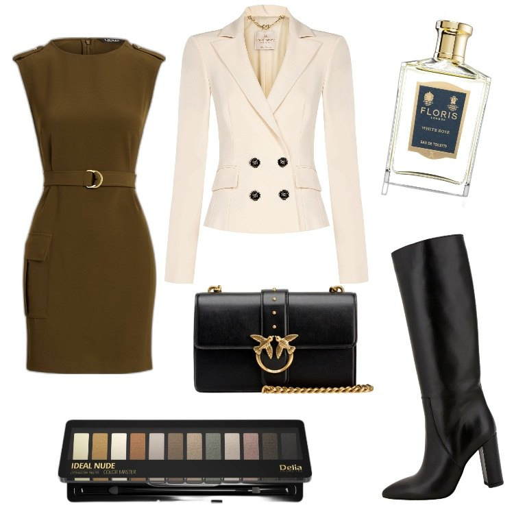 Outfit donna - Total look #1801053-Gennaio. Stile Military per Serata fuori. Abbinamento con ombretti, profumi, borse a tracolla, blazer, vestiti a tubino, stivali sopra il ginocchio.