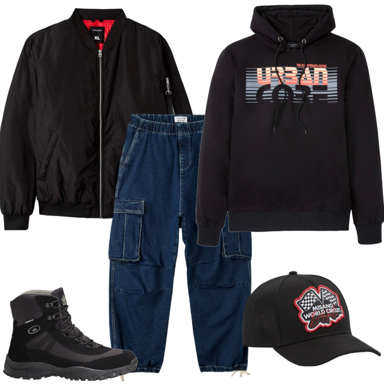 Outfit uomo - Young and Urban. Stile Urban per Tutti i giorni. Abbinamento con felpe con cappuccio, stivali e stivaletti, cappelli, bomber, jeans.