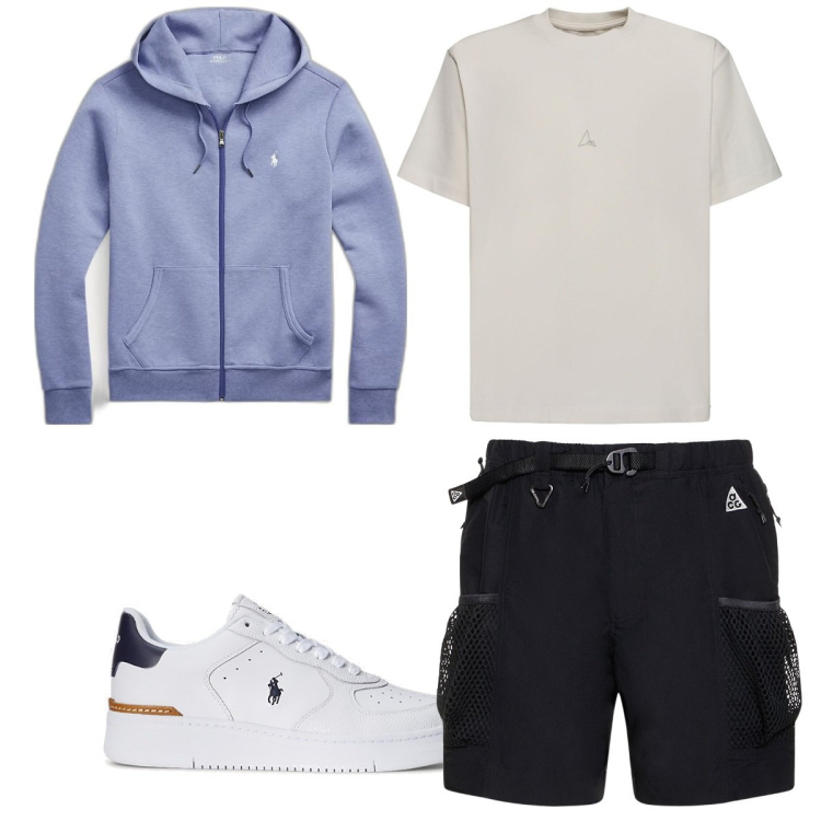 Outfit uomo - Total look #1801071. Stile Trendy per Sport. Abbinamento con felpe, sneakers, t-shirt, shorts.