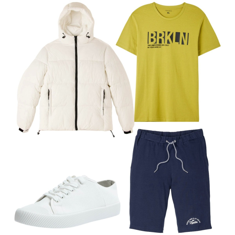 Outfit uomo - Total look #1801074. Stile Trendy per Sport. Abbinamento con bermuda, t-shirt, piumini, sneakers.