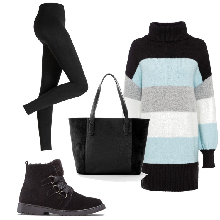 Outfit donna - Total look #1801092. Stile Trendy per Tutti i giorni. Abbinamento con maglieria, leggings, shopping bag, stivaletti.