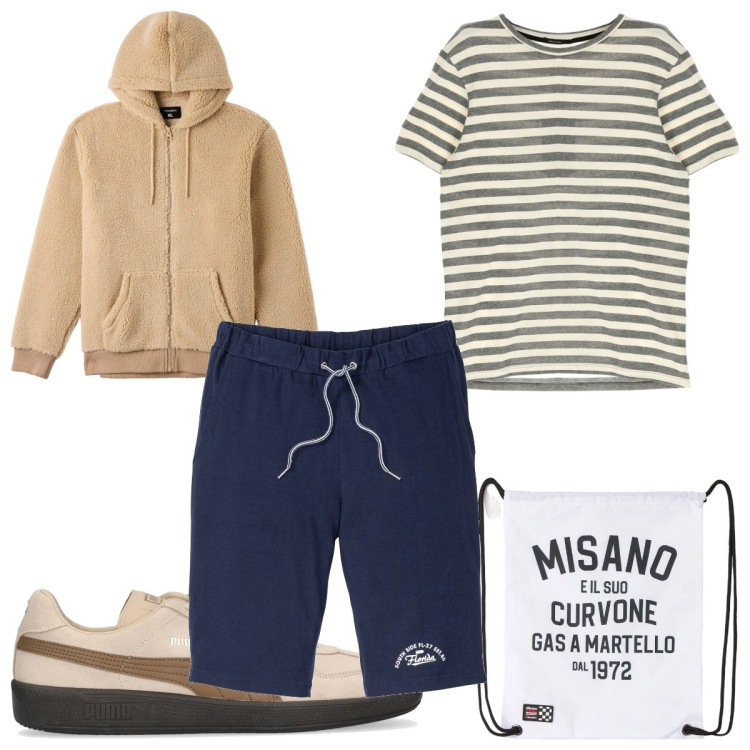 Outfit uomo - Total look #1801098. Stile Trendy per Sport. Abbinamento con bermuda, borse sportive, felpe con cappuccio, t-shirt, sneakers.