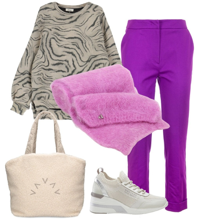 Outfit donna - Giro per i saldi 2. Abbinamento con sneakers, pantaloni, sciarpe, felpe, shopping bag.