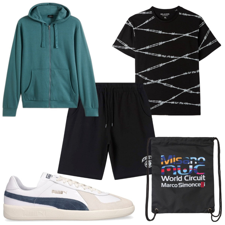 Outfit uomo - Total look #1801108. Stile Trendy per Sport. Abbinamento con felpe con cappuccio, borse sportive, t-shirt, bermuda, sneakers.