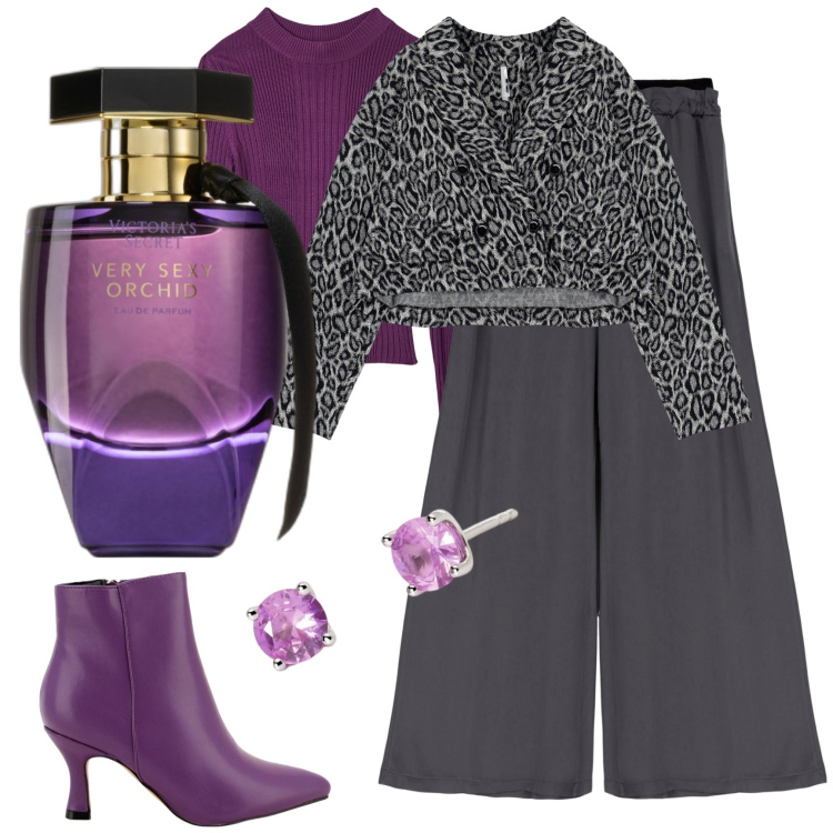 Outfit donna - Al cinema con stile. Stile Glamour per Serata fuori. Abbinamento con profumi, maglieria, orecchini, stivaletti, blazer, pantaloni a palazzo.