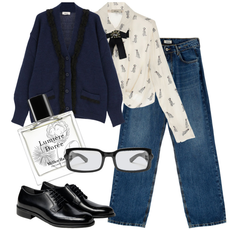 Outfit donna - Nerd style con il fiocco. Stile Urban per Tutti i giorni. Abbinamento con profumi, camicie, cardigans, jeans dritti, occhiali, scarpe stringate.