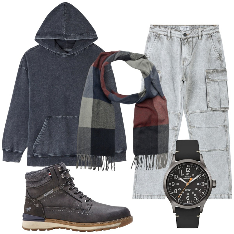 Outfit uomo - Total look #1801153. Stile Casual per Tutti i giorni. Abbinamento con stivali e stivaletti, jeans, felpe con cappuccio, orologi, sciarpe.