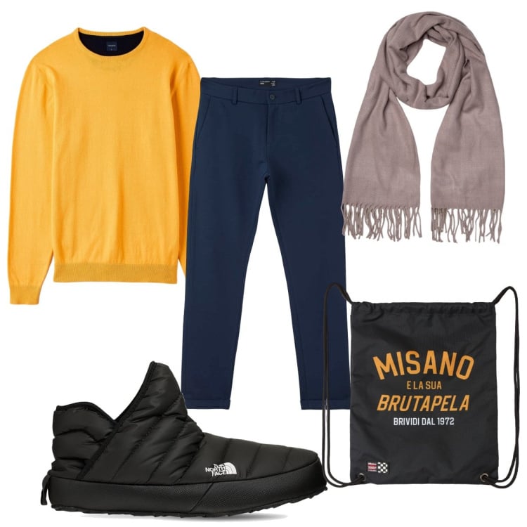 Outfit uomo - Total look #1801163. Stile Trendy per Tutti i giorni. Abbinamento con borse sportive, maglieria, pantaloni chino, stivali, sciarpe.