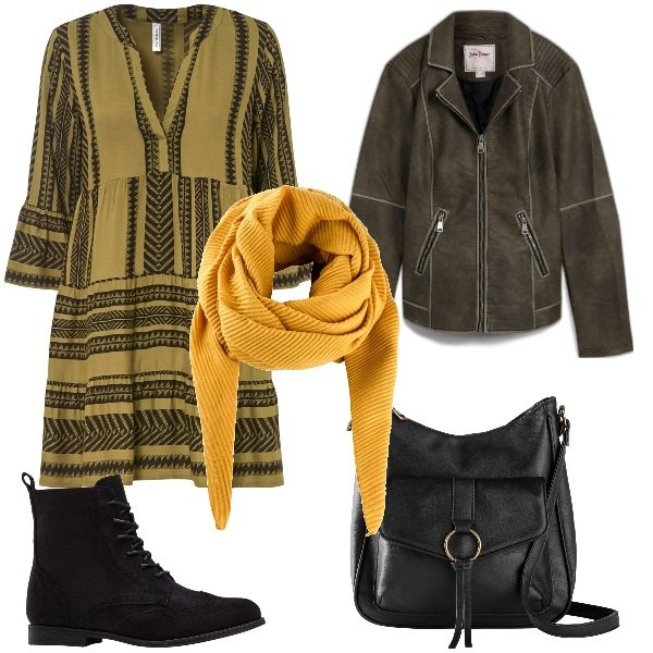 Outfit donna - Total look #1801165. Stile Etnico per Serata fuori. Abbinamento con foulard, vestiti corti, borse a tracolla, blazer, stivaletti.