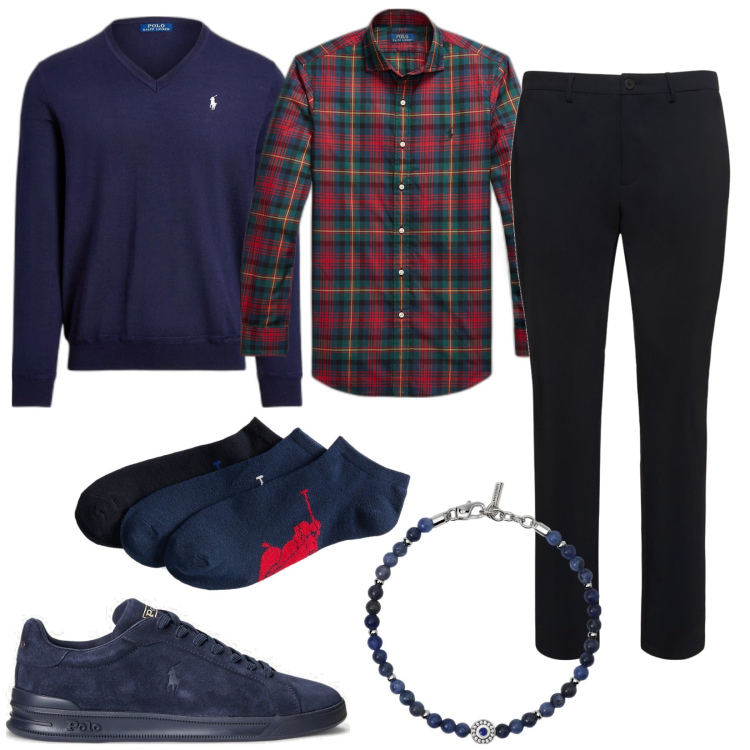 Outfit uomo - Camicia a quadretti. Stile Casual per Serata speciale. Abbinamento con braccialetti, calzini, maglieria, sneakers, camicie, pantaloni.
