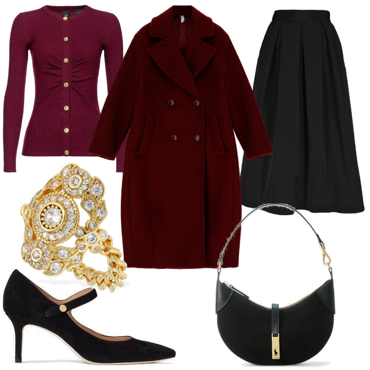 Outfit donna - Gonna ampia. Stile Bon Ton per Serata fuori. Abbinamento con cardigans, cappotti, borse a spalla, décolleté, gonne, anelli.