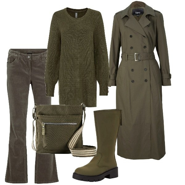 Outfit donna - Il verde a gennaio. Stile Military per Tutti i giorni. Abbinamento con pantaloni, maglieria, trench, borse a tracolla, stivaletti.