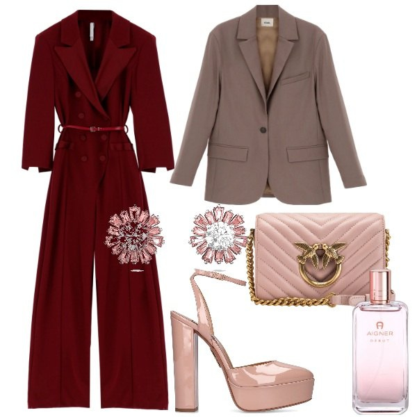 Outfit donna - Jumpsuit molto elegante. Stile Chic per Cerimonia. Abbinamento con profumi, borse a tracolla, tute, giacche, orecchini, sandali in pelle.